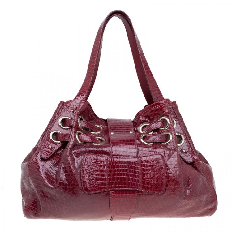 Pre Owned Jimmy Choo Burgundy Python Embossed Leather Riki Tote