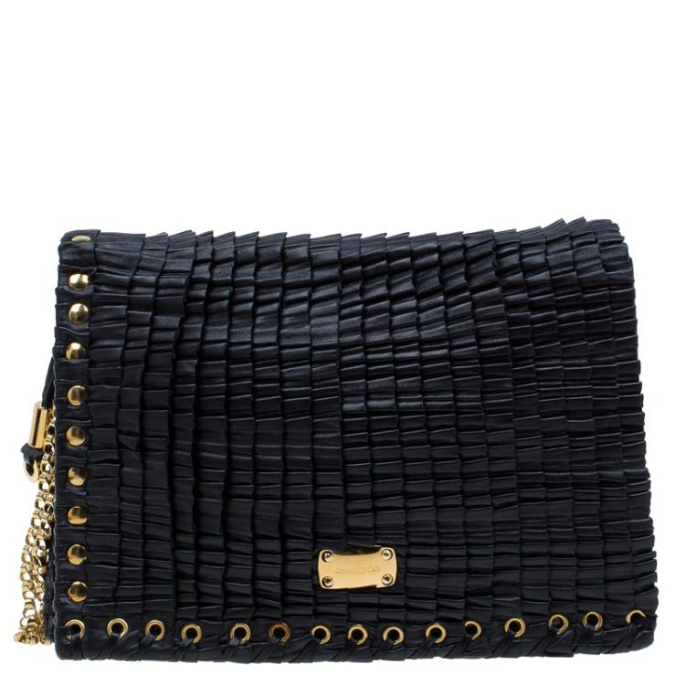 Pre Owned Jimmy Choo Black Leather Pleated Cristina Shoulder Bag