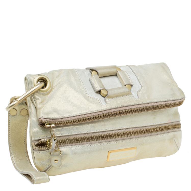 مملوكة مسبقًا Jimmy Choo Metallic Beige Leather Small Mave Foldover Clutch