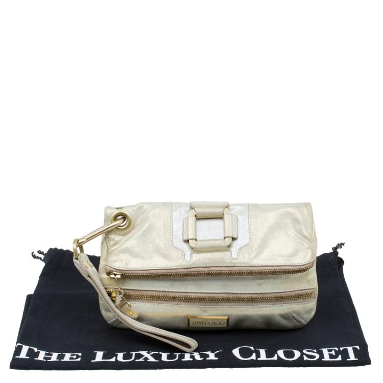 مملوكة مسبقًا Jimmy Choo Metallic Beige Leather Small Mave Foldover Clutch
