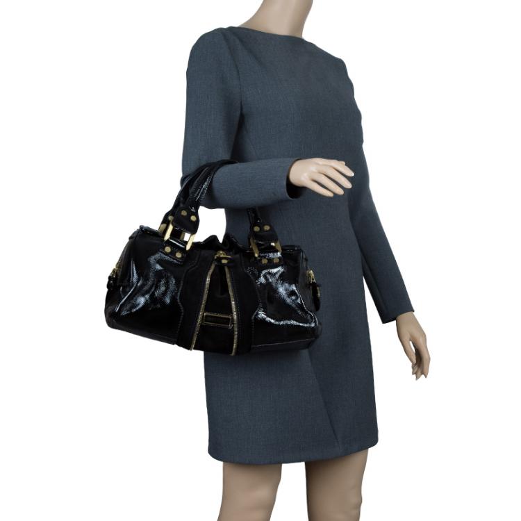 Pre Owned Jimmy Choo Black Patent Leather and Suede Marla Satchel
