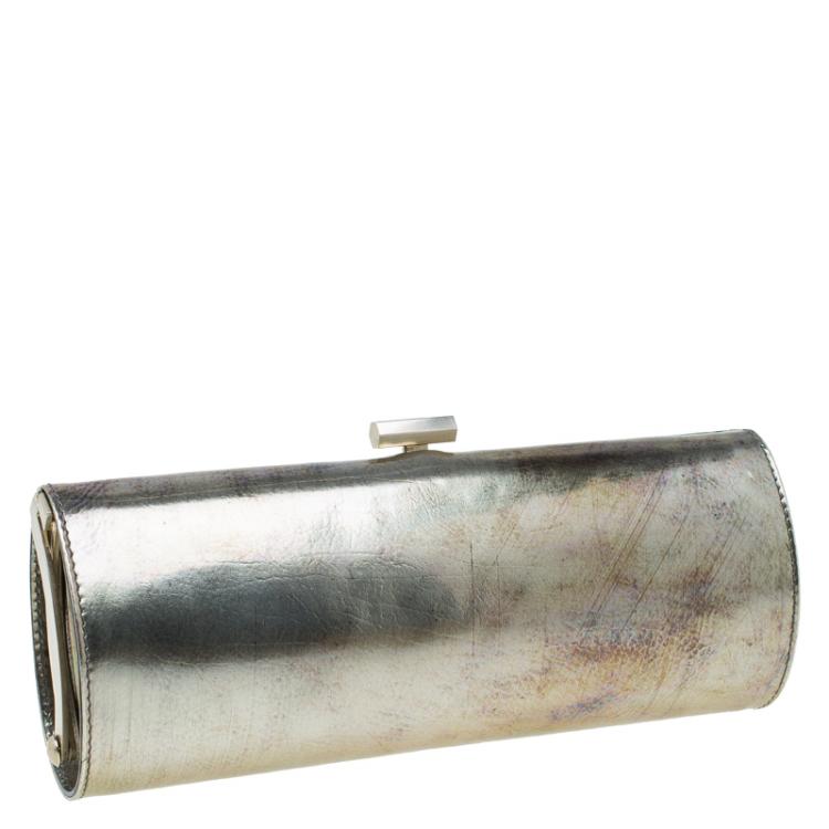 مملوكة مسبقًا Jimmy Choo Metallic Silver Leather Twill Tube Clutch