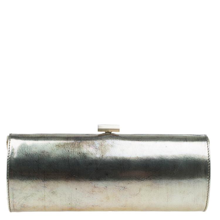 مملوكة مسبقًا Jimmy Choo Metallic Silver Leather Twill Tube Clutch
