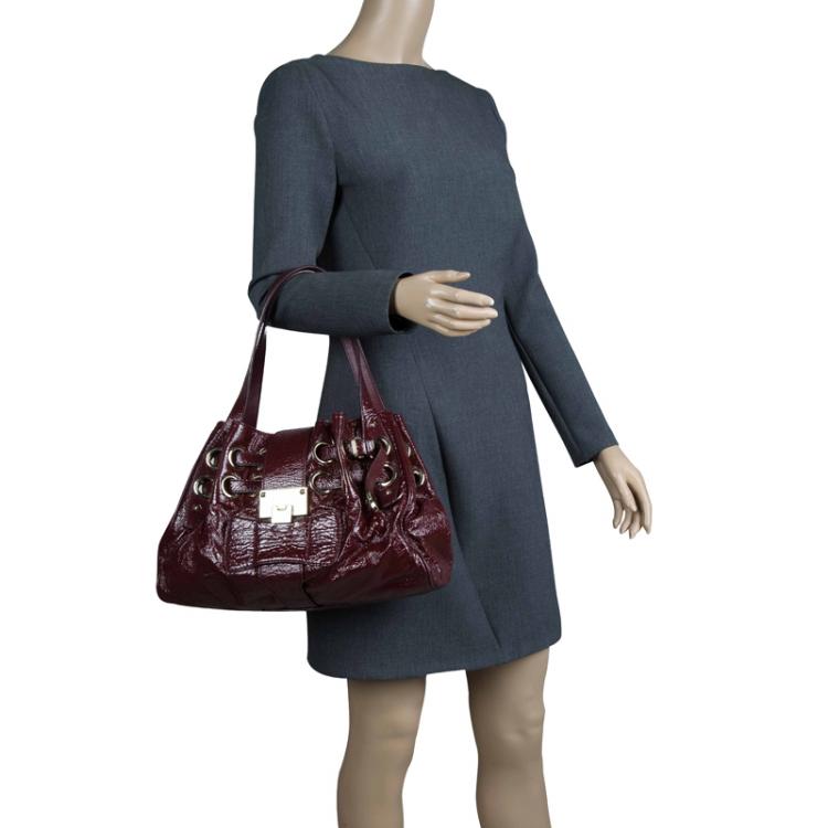 Pre Owned Jimmy Choo Burgundy Crinkled Patent Leather Small Riki Tote