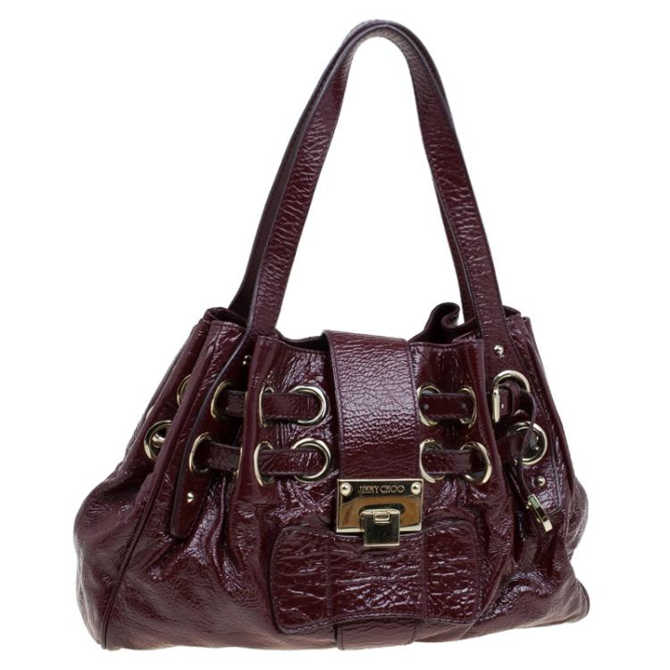 Pre Owned Jimmy Choo Burgundy Crinkled Patent Leather Small Riki Tote