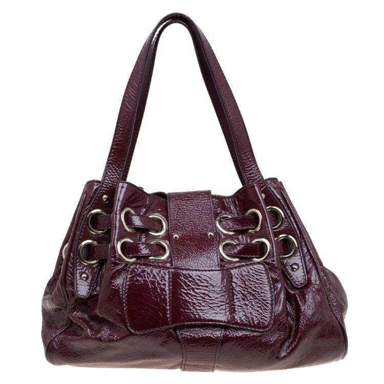 Pre Owned Jimmy Choo Burgundy Crinkled Patent Leather Small Riki Tote