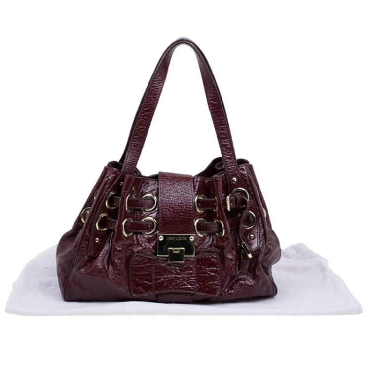 Pre Owned Jimmy Choo Burgundy Crinkled Patent Leather Small Riki Tote