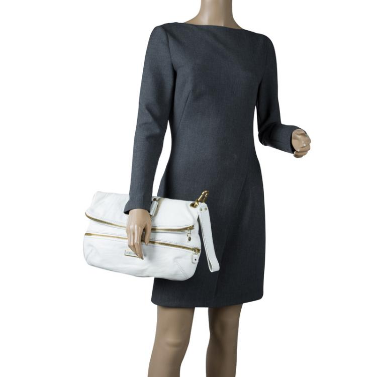 Pre Owned Jimmy Choo White Leather and Suede Large Mave Foldover Clutch