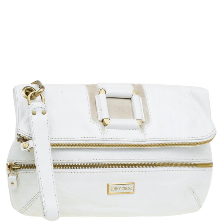 Pre Owned Jimmy Choo White Leather and Suede Large Mave Foldover Clutch