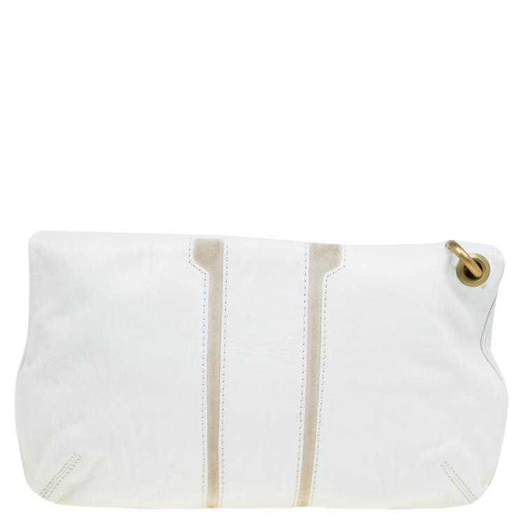Pre Owned Jimmy Choo White Leather and Suede Large Mave Foldover Clutch
