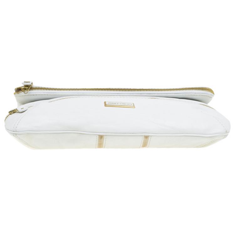 Pre Owned Jimmy Choo White Leather and Suede Large Mave Foldover Clutch