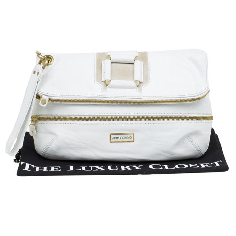 Pre Owned Jimmy Choo White Leather and Suede Large Mave Foldover Clutch