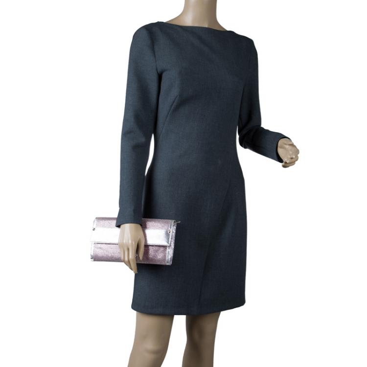 مملوكة مسبقًا Jimmy Choo Metallic Silver/Pink Leather and Glitter Ubai Clutch