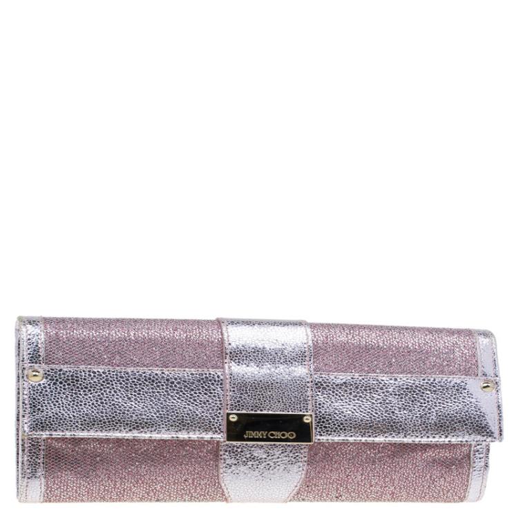 مملوكة مسبقًا Jimmy Choo Metallic Silver/Pink Leather and Glitter Ubai Clutch