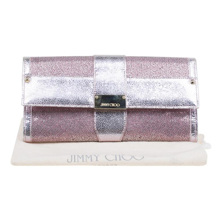 مملوكة مسبقًا Jimmy Choo Metallic Silver/Pink Leather and Glitter Ubai Clutch