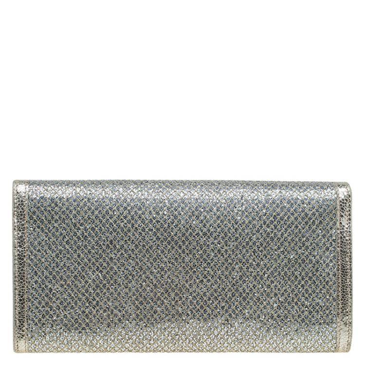 Pre Owned Jimmy Choo Gold Metallic Leather and Glitter Reese Continental Clutch