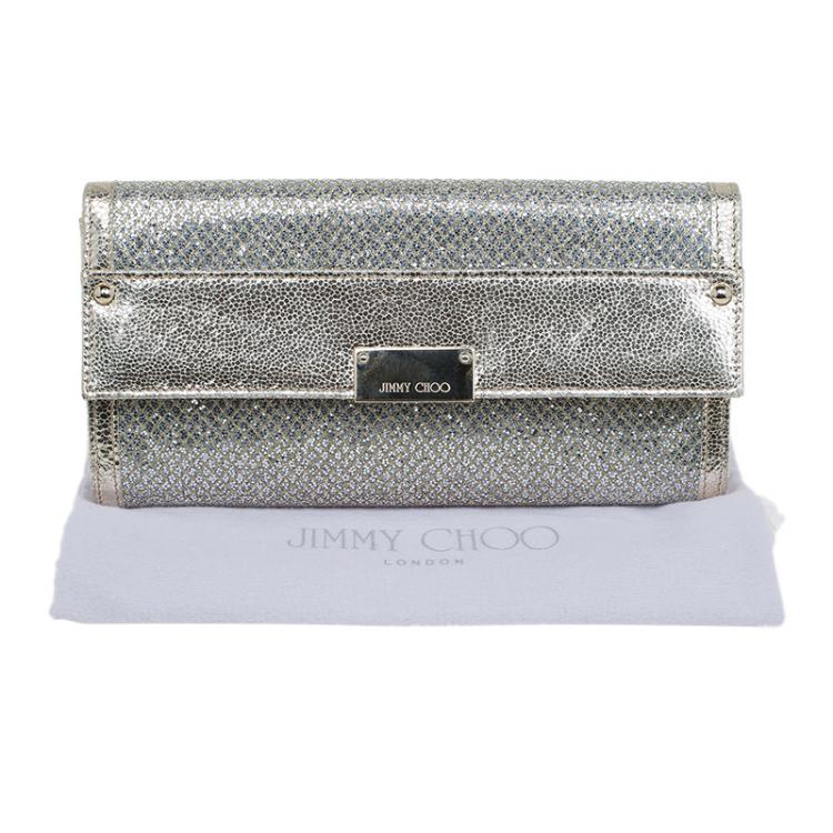 Pre Owned Jimmy Choo Gold Metallic Leather and Glitter Reese Continental Clutch