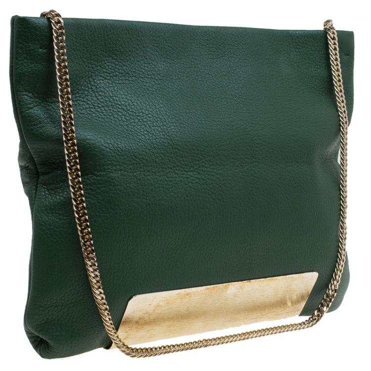 Pre Owned Jimmy Choo Green Leather Carrie Clutch