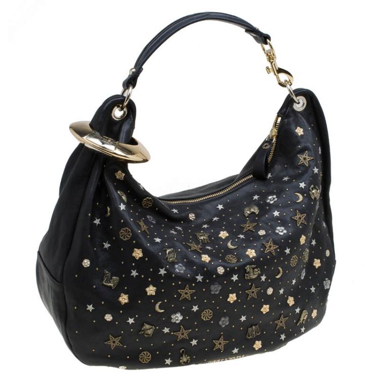 Pre Owned Jimmy Choo Black Leather Large Solar Zodiac Studded Hobo