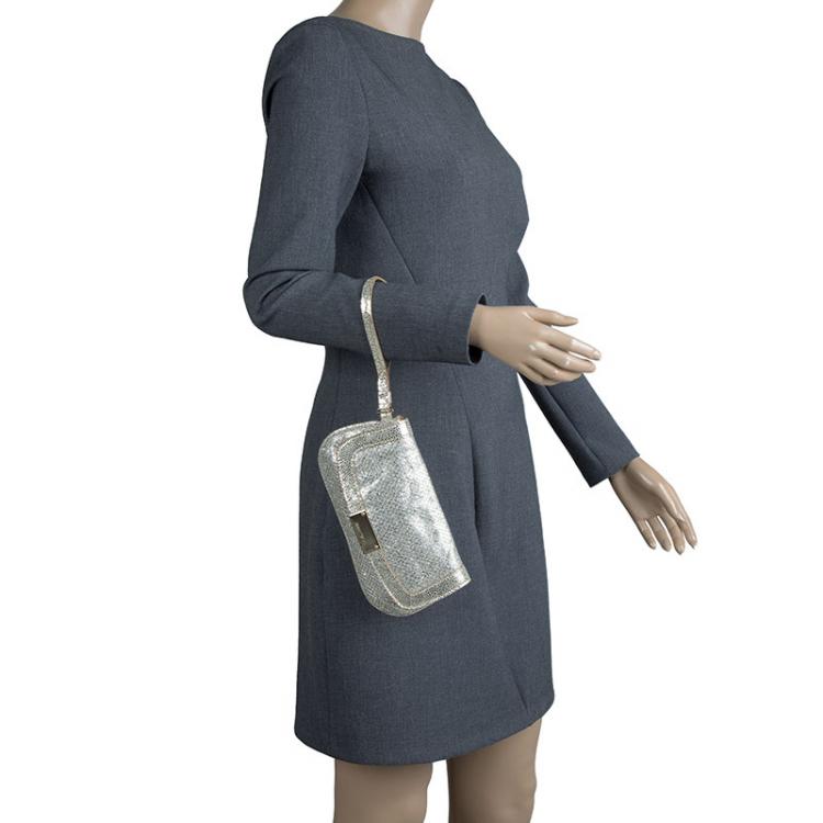 Pre Owned Jimmy Choo Silver Glitter and Leather Zeta Clutch