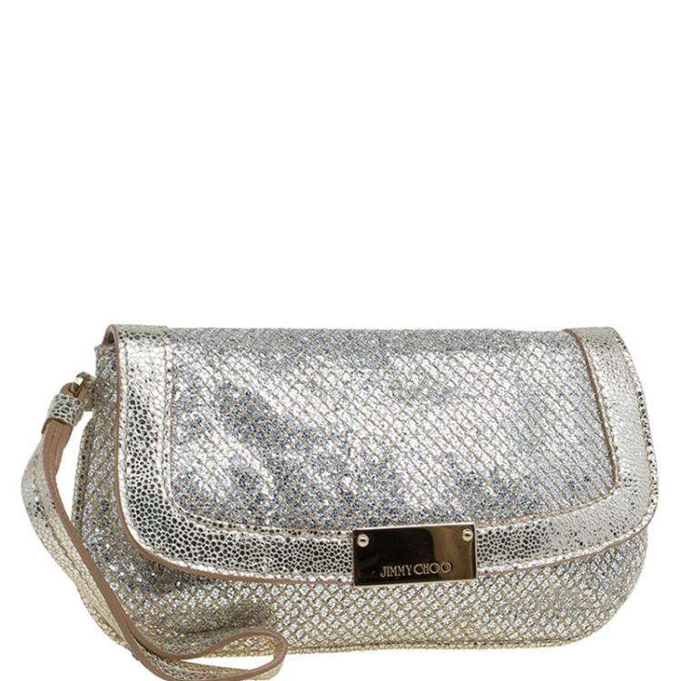 Pre Owned Jimmy Choo Silver Glitter and Leather Zeta Clutch
