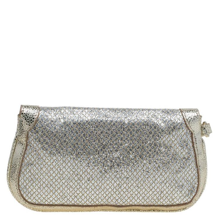 Pre Owned Jimmy Choo Silver Glitter and Leather Zeta Clutch