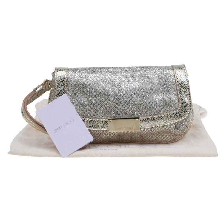Pre Owned Jimmy Choo Silver Glitter and Leather Zeta Clutch