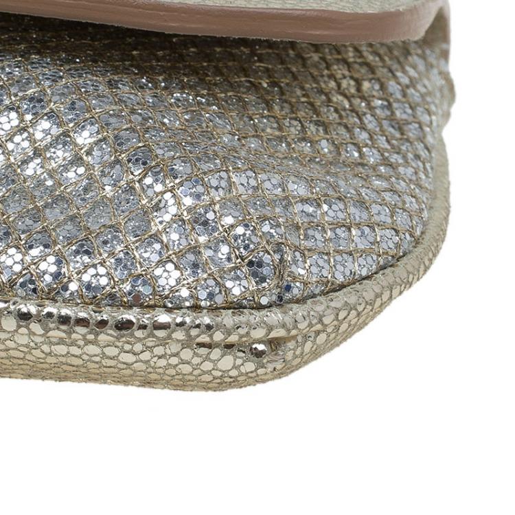Pre Owned Jimmy Choo Silver Glitter and Leather Zeta Clutch