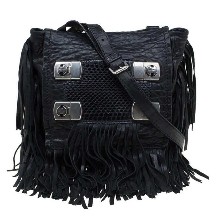 Pre Owned Jimmy Choo Black Grain Leather and Python Adele Fringe Crossbody Bag