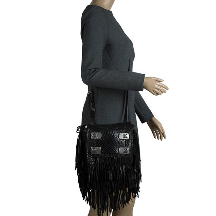 Pre Owned Jimmy Choo Black Grain Leather and Python Adele Fringe Crossbody Bag