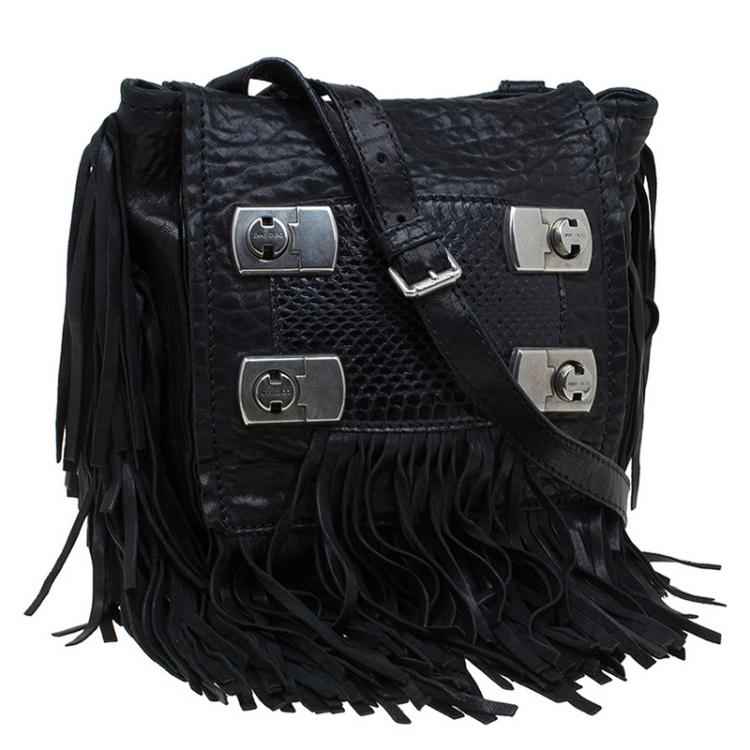 Pre Owned Jimmy Choo Black Grain Leather and Python Adele Fringe Crossbody Bag