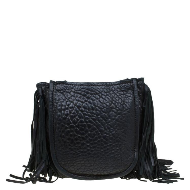 Pre Owned Jimmy Choo Black Grain Leather and Python Adele Fringe Crossbody Bag