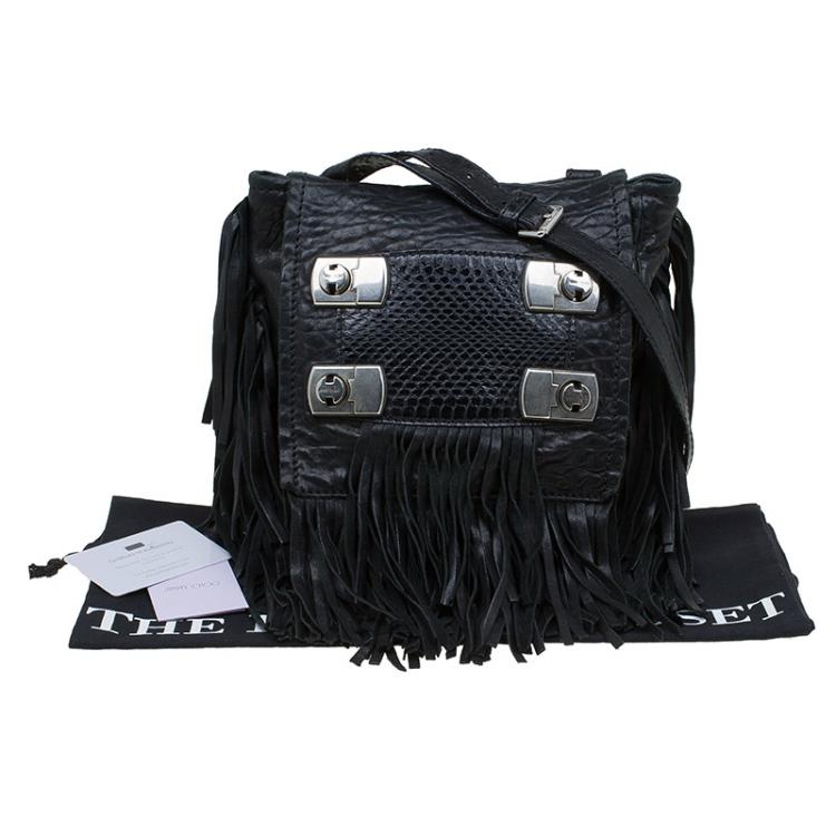 Pre Owned Jimmy Choo Black Grain Leather and Python Adele Fringe Crossbody Bag