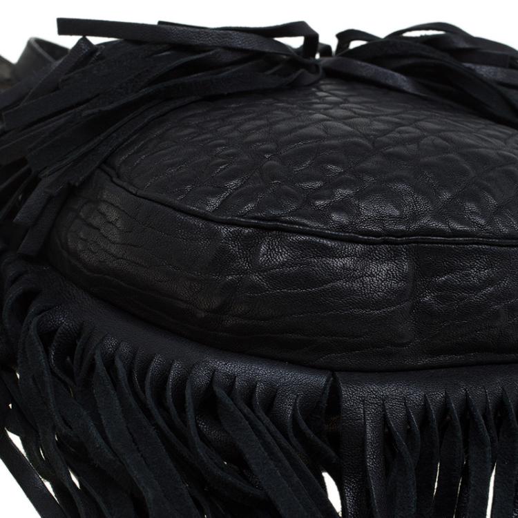 Pre Owned Jimmy Choo Black Grain Leather and Python Adele Fringe Crossbody Bag