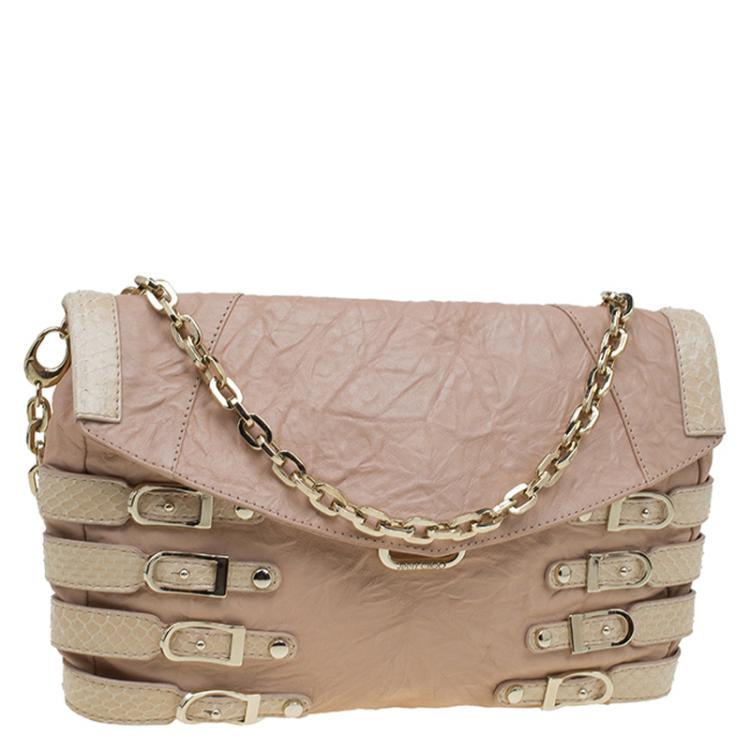 Pre Owned Jimmy Choo Beige Leather and Python Trim Brix Convertible Clutch