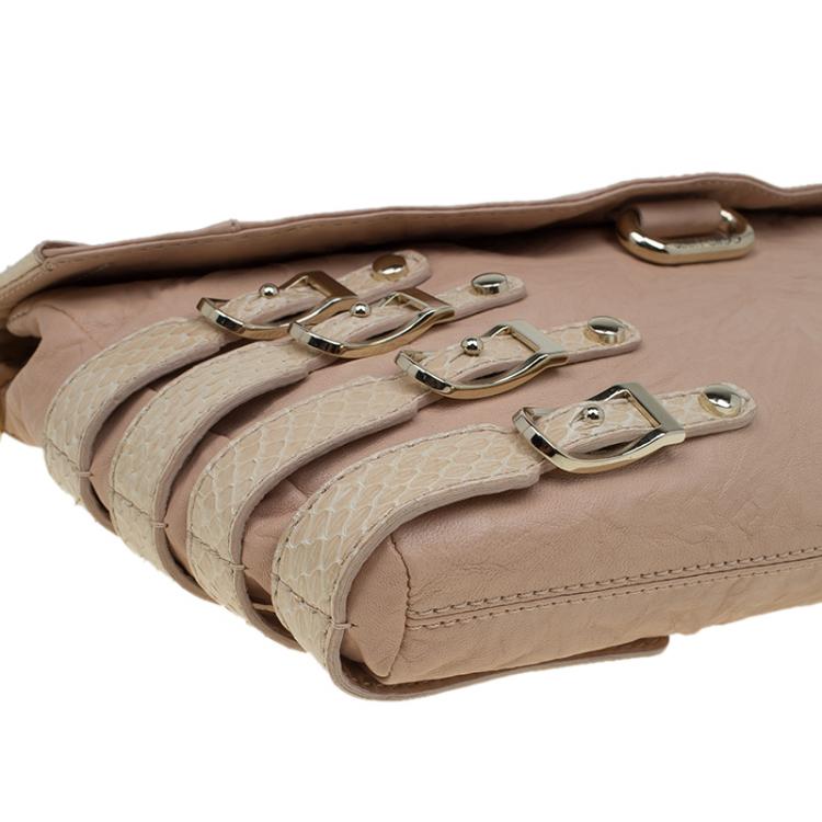 Pre Owned Jimmy Choo Beige Leather and Python Trim Brix Convertible Clutch