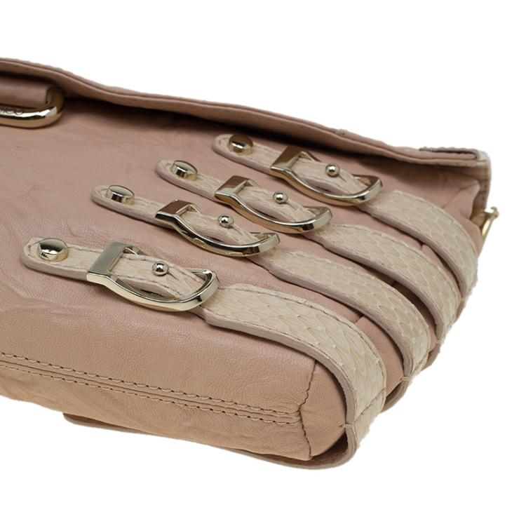 Pre Owned Jimmy Choo Beige Leather and Python Trim Brix Convertible Clutch