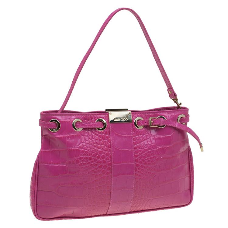 Pre Owned Jimmy Choo Pink Croc Embossed Leather Pochette