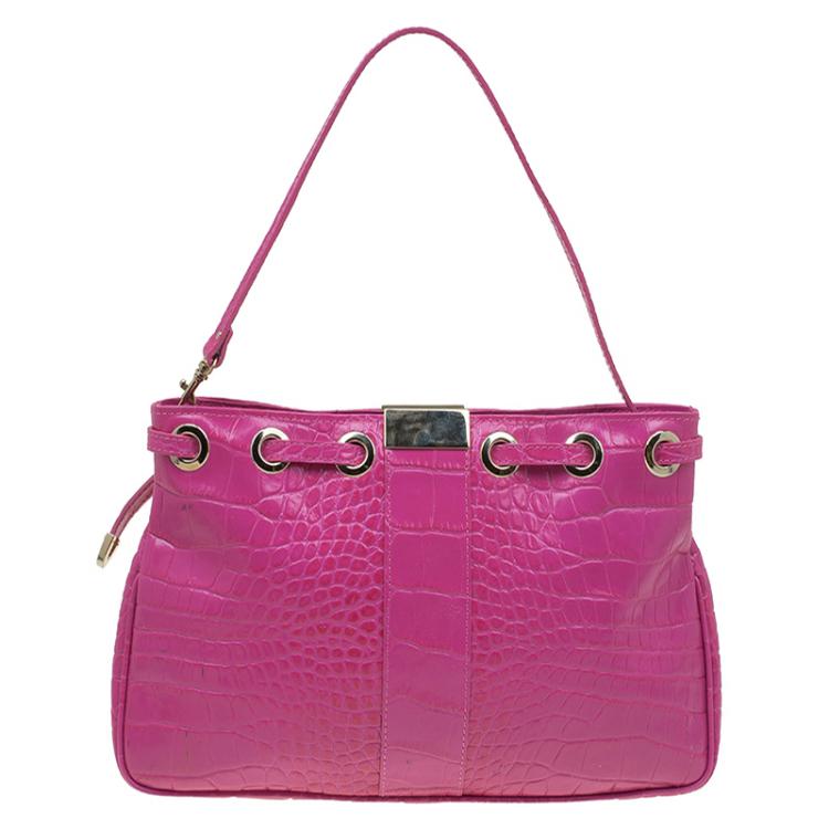 Pre Owned Jimmy Choo Pink Croc Embossed Leather Pochette