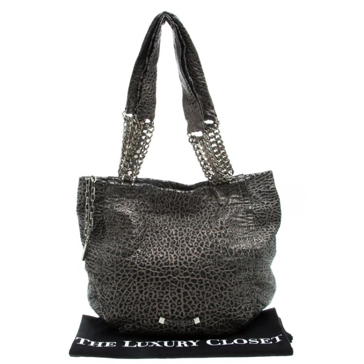Pre Owned Jimmy Choo Silver Pebbled Leather Large Nica Tote