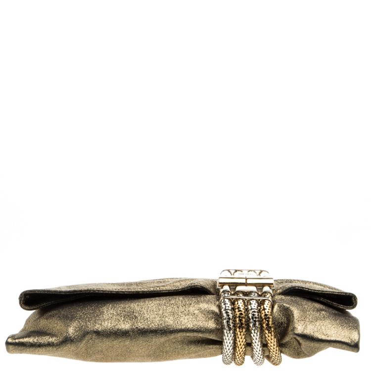 Pre Owned Jimmy Choo Gold Leather Chandra Clutch