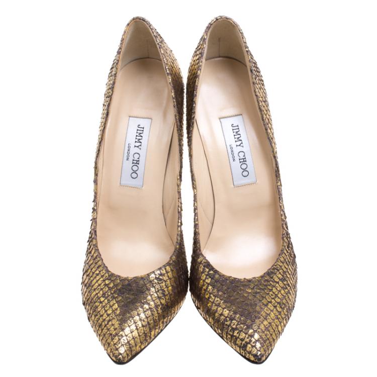 Pre Owned Jimmy Choo Bronze Metallic Python Leather Anouk Pointed Toe Pumps Size 40