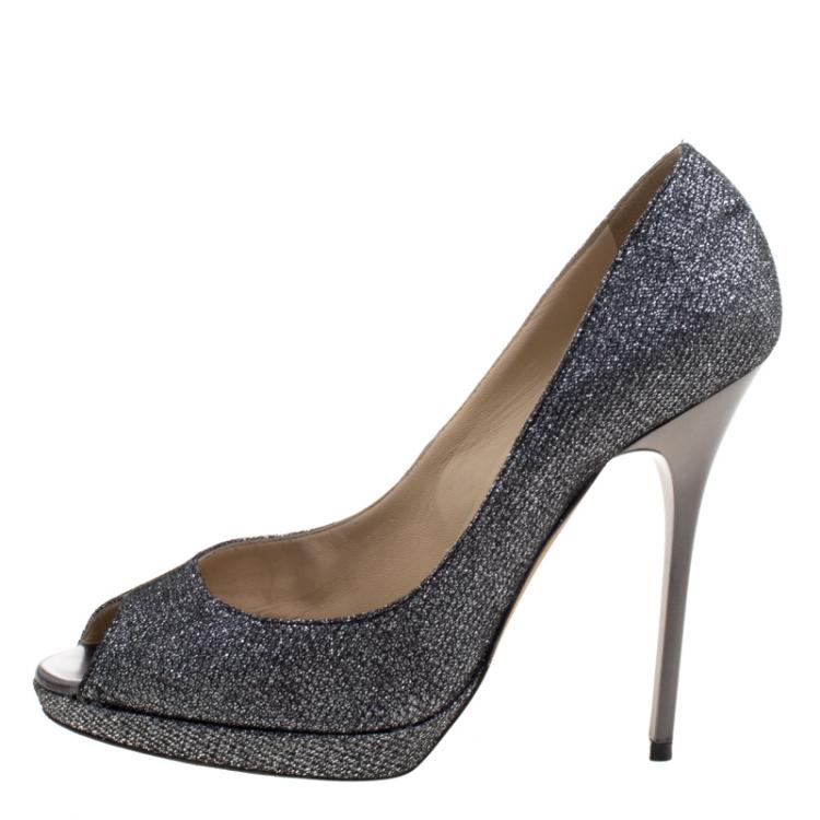 Pre Owned Jimmy Choo Silver Metallic Lamé Luna Peep Toe Platform Pumps Size 37.5