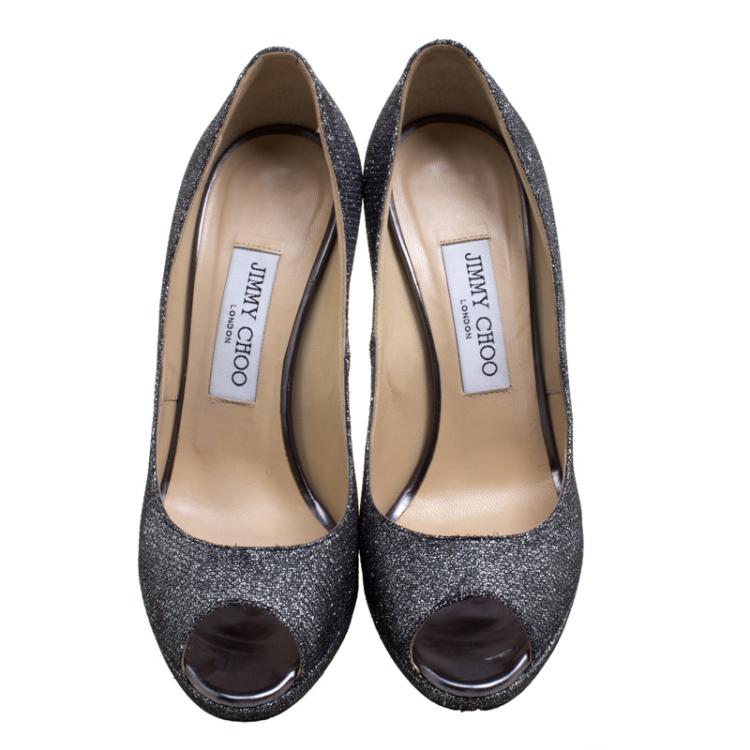 Pre Owned Jimmy Choo Silver Metallic Lamé Luna Peep Toe Platform Pumps Size 37.5
