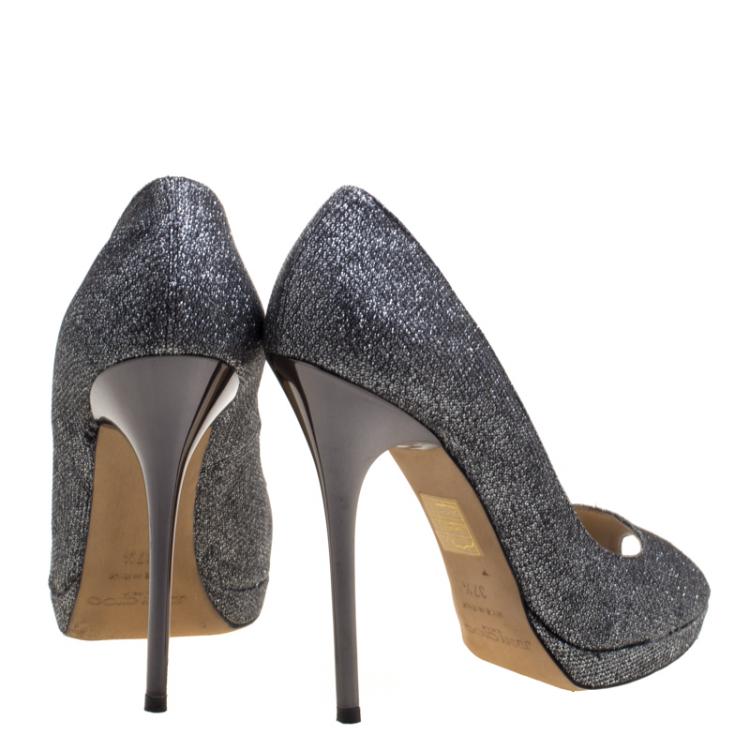 Pre Owned Jimmy Choo Silver Metallic Lamé Luna Peep Toe Platform Pumps Size 37.5