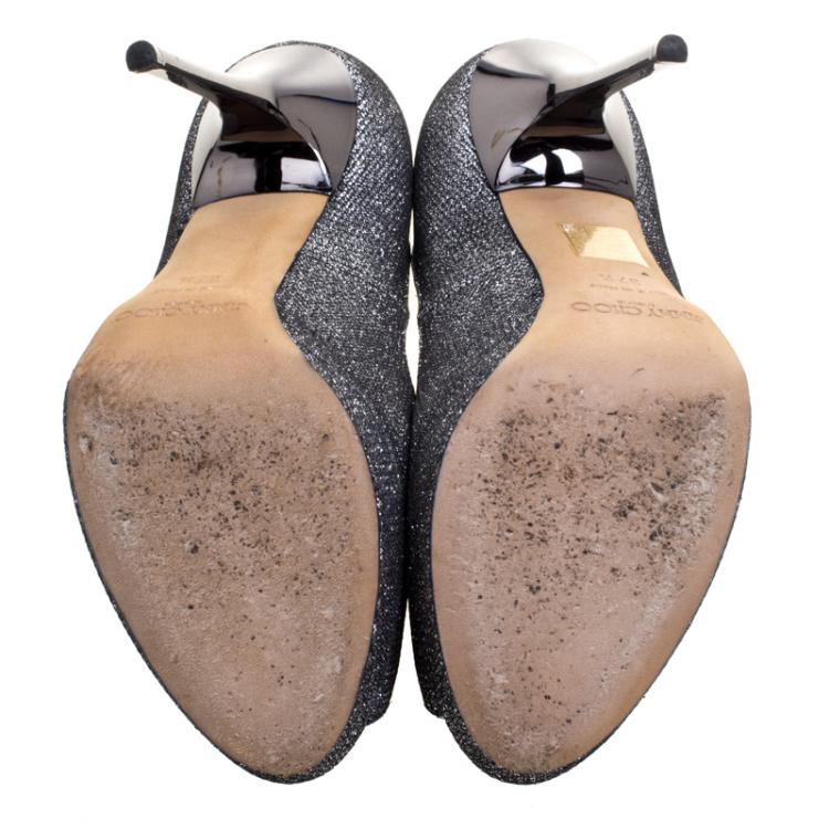 Pre Owned Jimmy Choo Silver Metallic Lamé Luna Peep Toe Platform Pumps Size 37.5