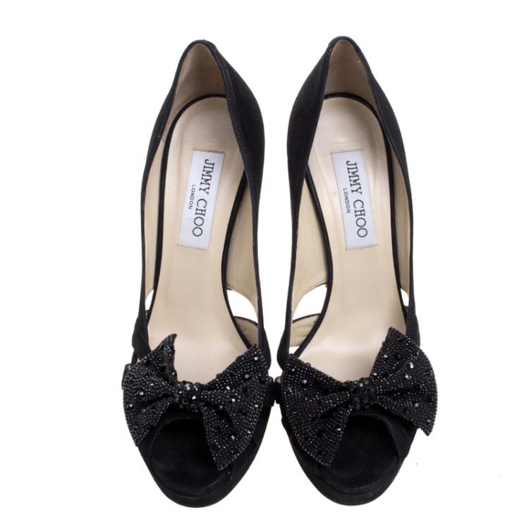 Pre Owned Jimmy Choo Black Suede Taja Crystal Embellished Bow Peep Toe Pumps Size 38