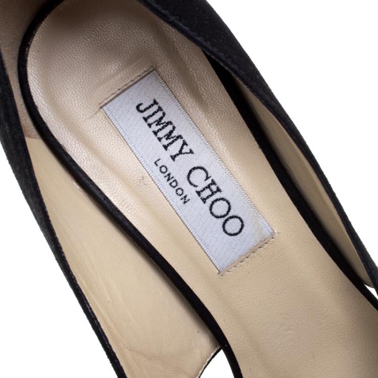 Pre Owned Jimmy Choo Black Suede Taja Crystal Embellished Bow Peep Toe Pumps Size 38