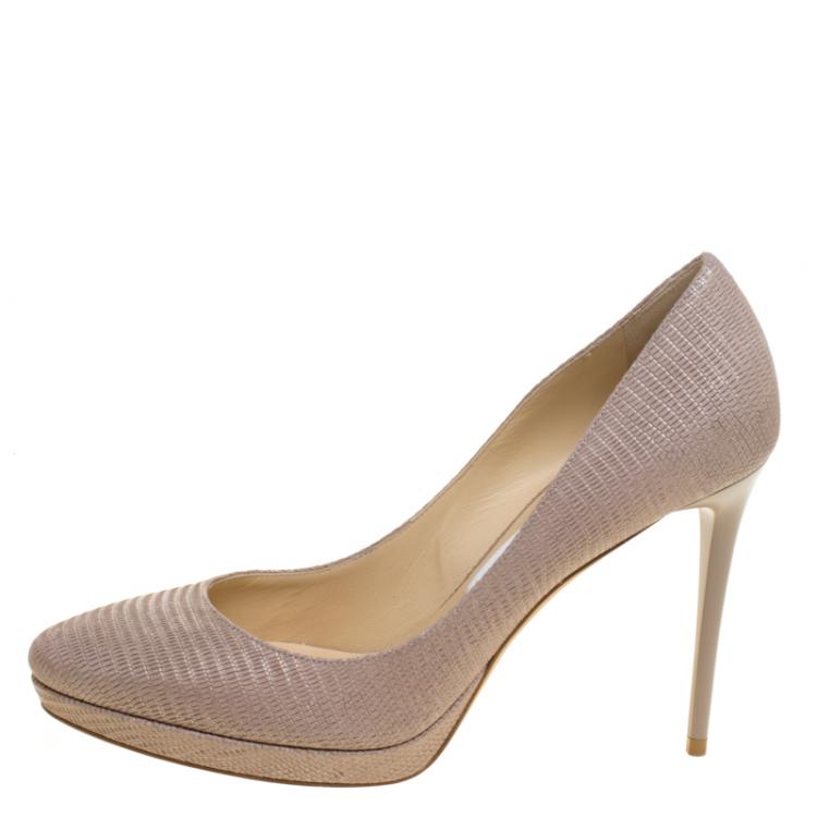 Pre Owned Jimmy Choo Beige Lizard Embossed Glitter Leather Hope Platform Pumps Size 38.5