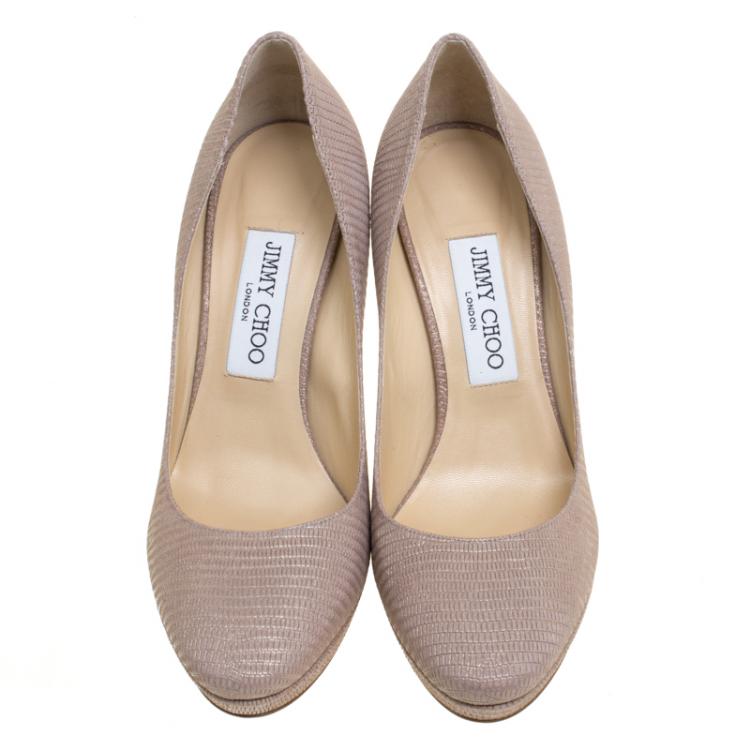 Pre Owned Jimmy Choo Beige Lizard Embossed Glitter Leather Hope Platform Pumps Size 38.5